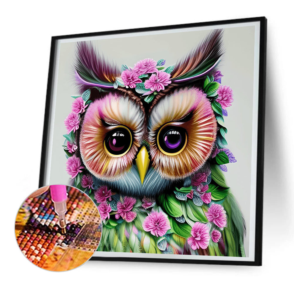 Owl In The Flowers - Full Round Drill Diamond Painting 30*30CM