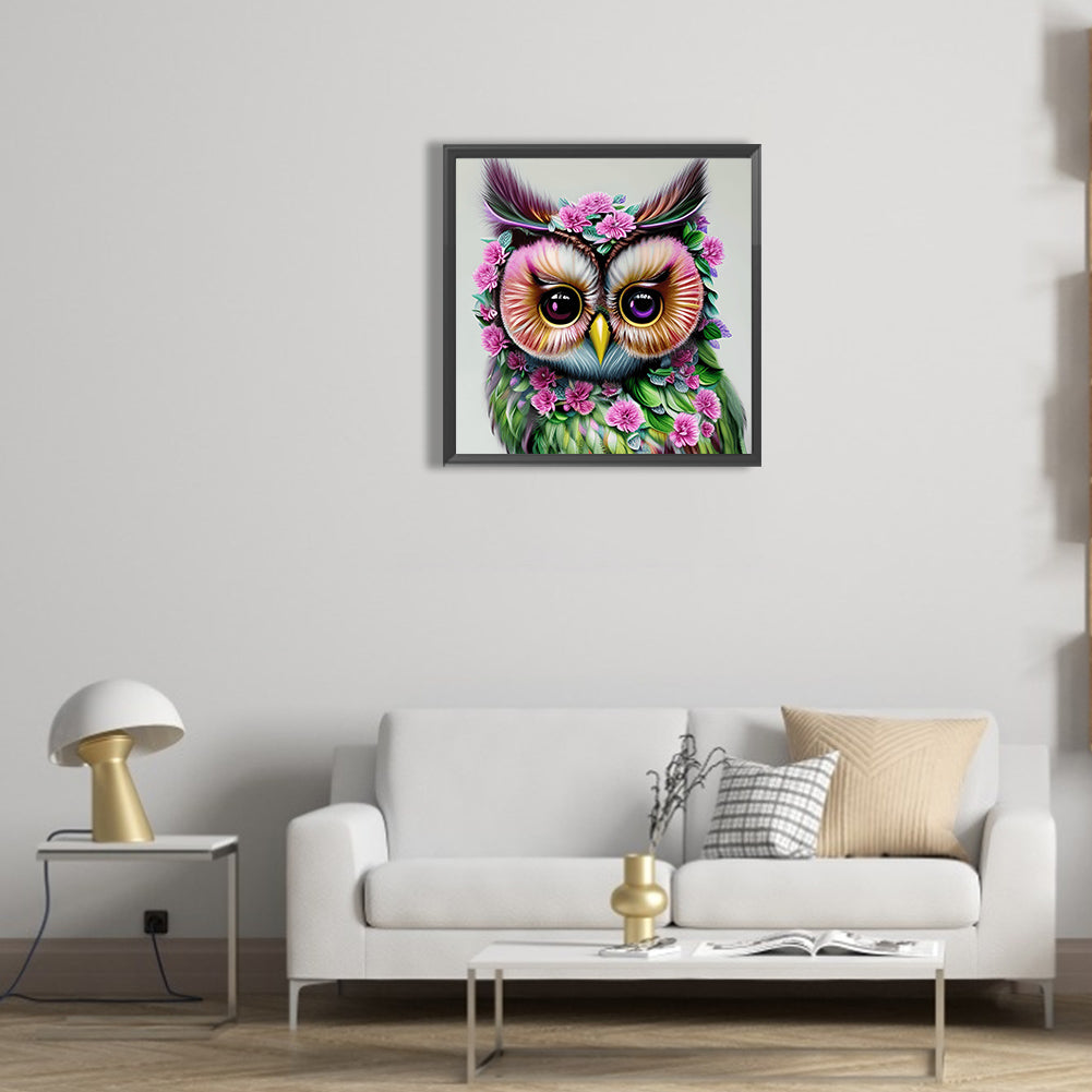 Owl In The Flowers - Full Round Drill Diamond Painting 30*30CM