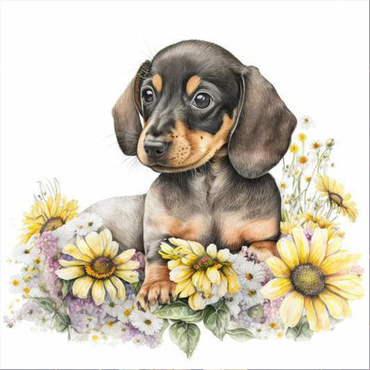 Dog Resting In Flowers - Full Round Drill Diamond Painting 30*30CM