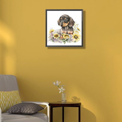 Dog Resting In Flowers - Full Round Drill Diamond Painting 30*30CM
