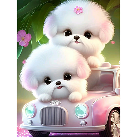 Pink Dog And Car - Full Round Drill Diamond Painting 30*40CM