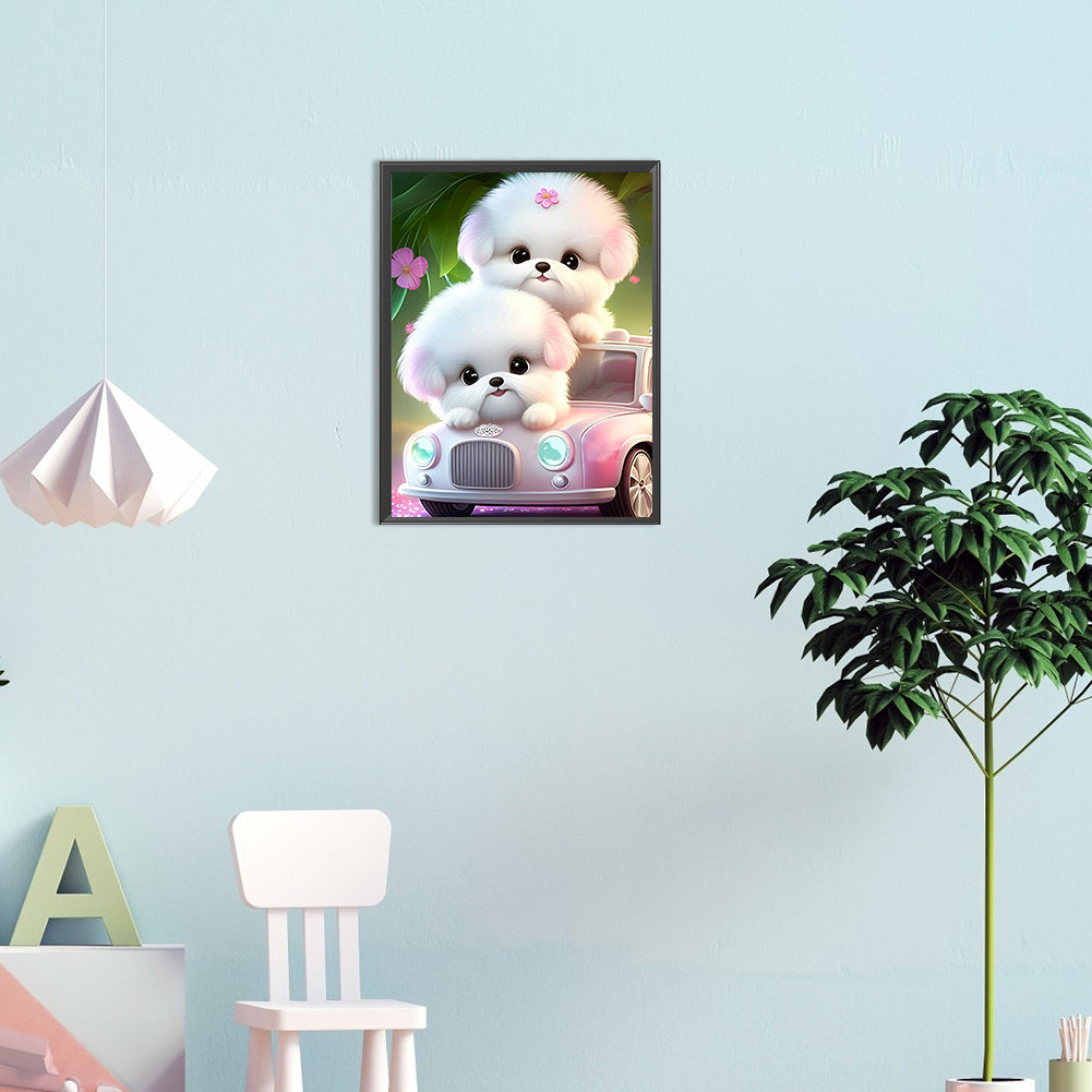 Pink Dog And Car - Full Round Drill Diamond Painting 30*40CM