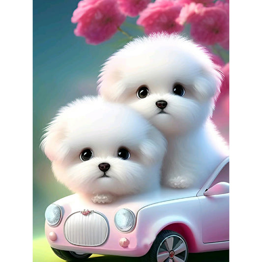 Pink Dog And Car - Full Round Drill Diamond Painting 30*40CM