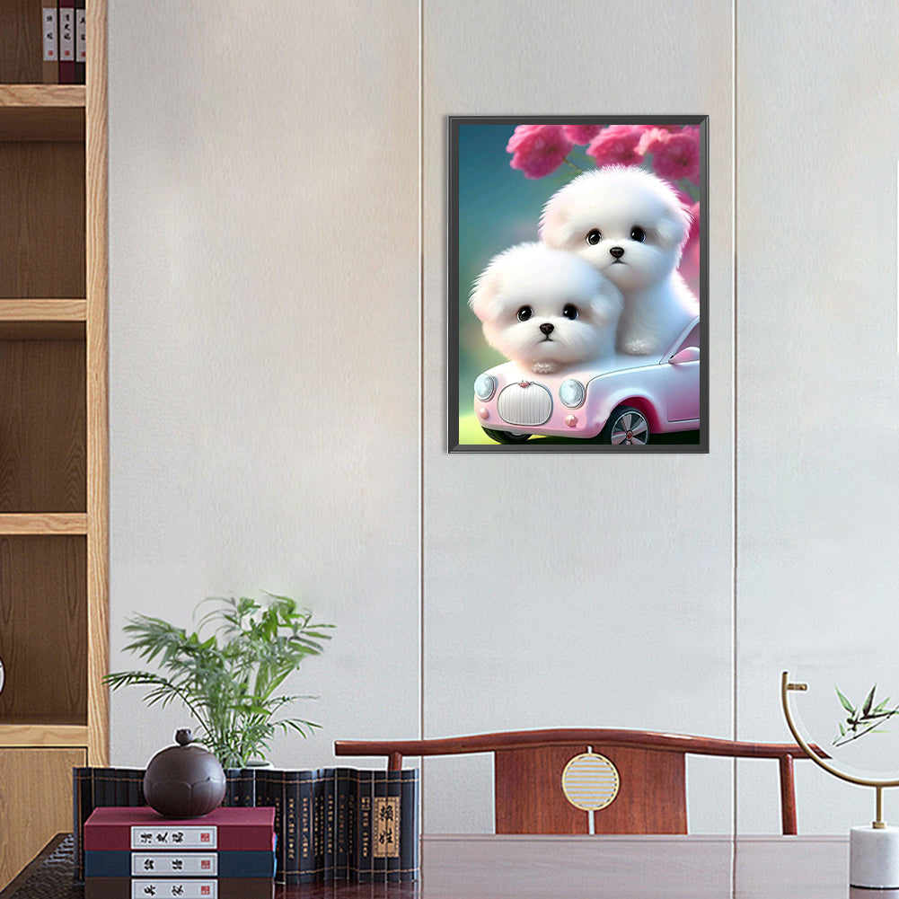 Pink Dog And Car - Full Round Drill Diamond Painting 30*40CM