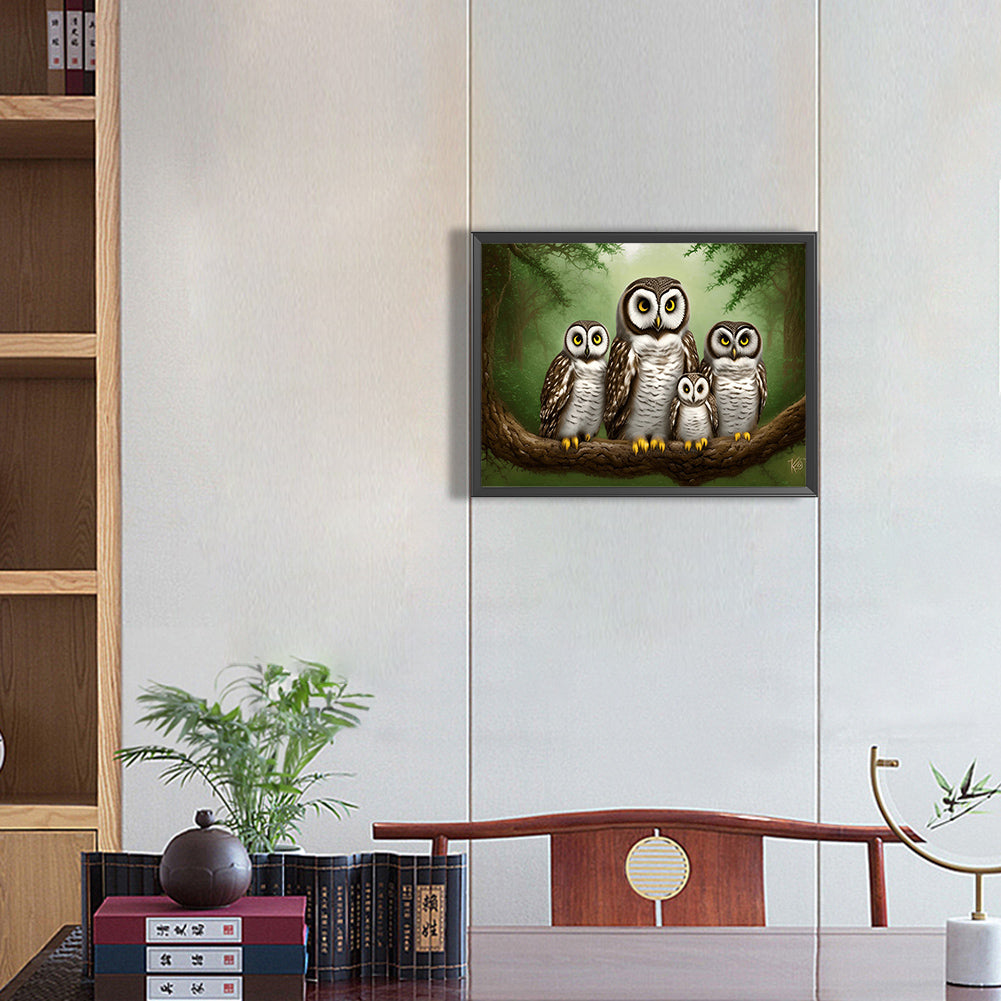 Owl Family - Full Round Drill Diamond Painting 40*30CM