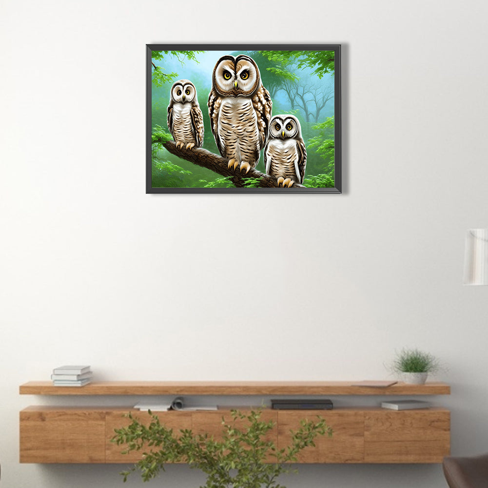 Owl Family - Full Round Drill Diamond Painting 40*30CM