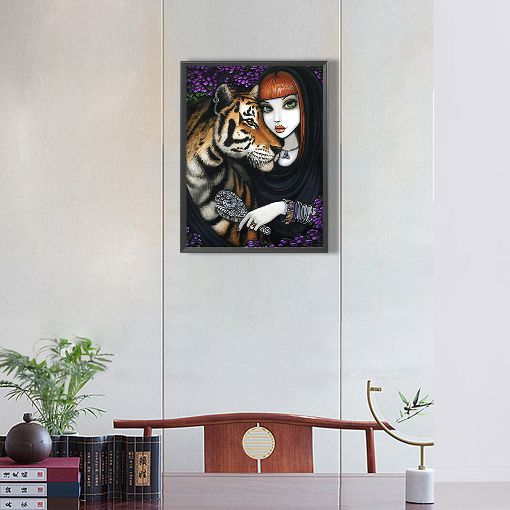 Girl And Tiger - Full Round Drill Diamond Painting 30*40CM