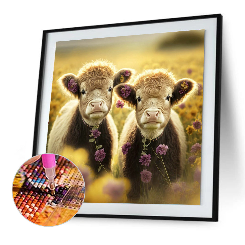 Cow With Flowers - Full Round Drill Diamond Painting 30*30CM