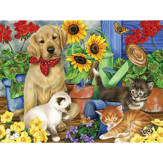 Cat And Dog Playing In The Flowers - Full Round Drill Diamond Painting 40*30CM