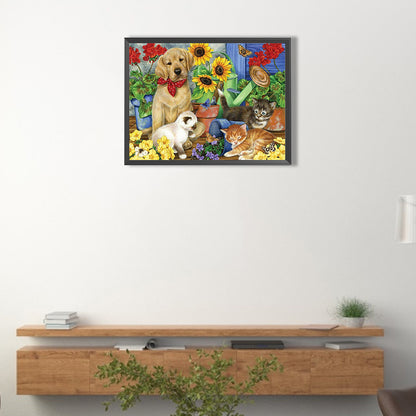 Cat And Dog Playing In The Flowers - Full Round Drill Diamond Painting 40*30CM