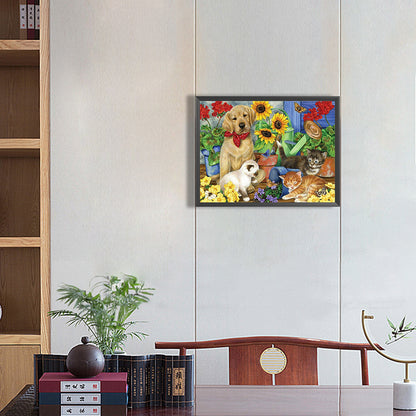 Cat And Dog Playing In The Flowers - Full Round Drill Diamond Painting 40*30CM