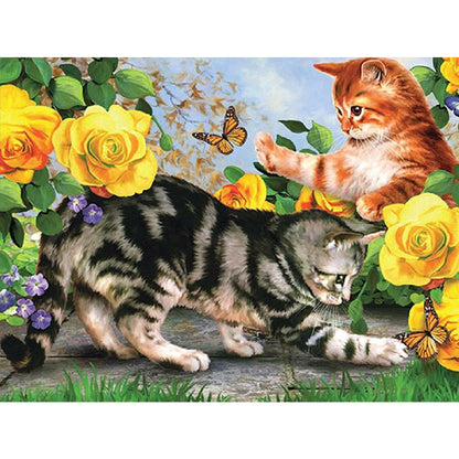 Cat And Dog Playing In The Flowers - Full Round Drill Diamond Painting 40*30CM