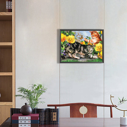 Cat And Dog Playing In The Flowers - Full Round Drill Diamond Painting 40*30CM