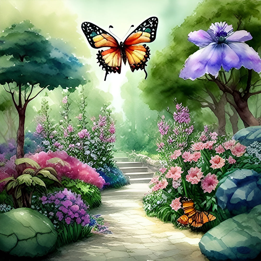 Butterfly Flying In Garden - Full Round Drill Diamond Painting 30*30CM