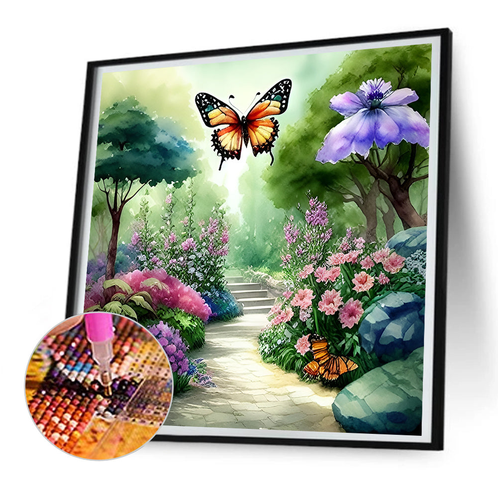 Butterfly Flying In Garden - Full Round Drill Diamond Painting 30*30CM