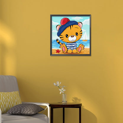 Tiger Cub On The Beach - Full Round Drill Diamond Painting 30*30CM