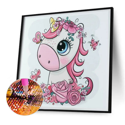 Pink Unicorn In Flowers - Full Round Drill Diamond Painting 30*30CM