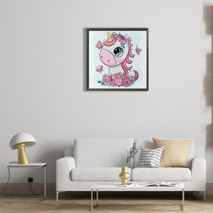 Pink Unicorn In Flowers - Full Round Drill Diamond Painting 30*30CM