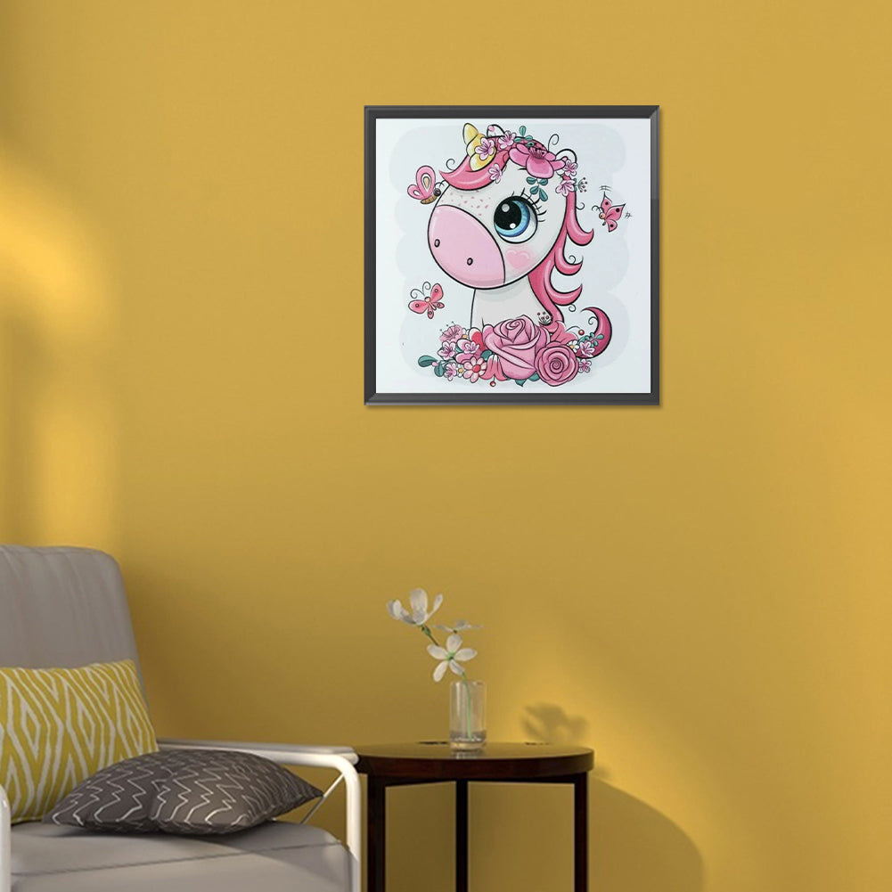 Pink Unicorn In Flowers - Full Round Drill Diamond Painting 30*30CM