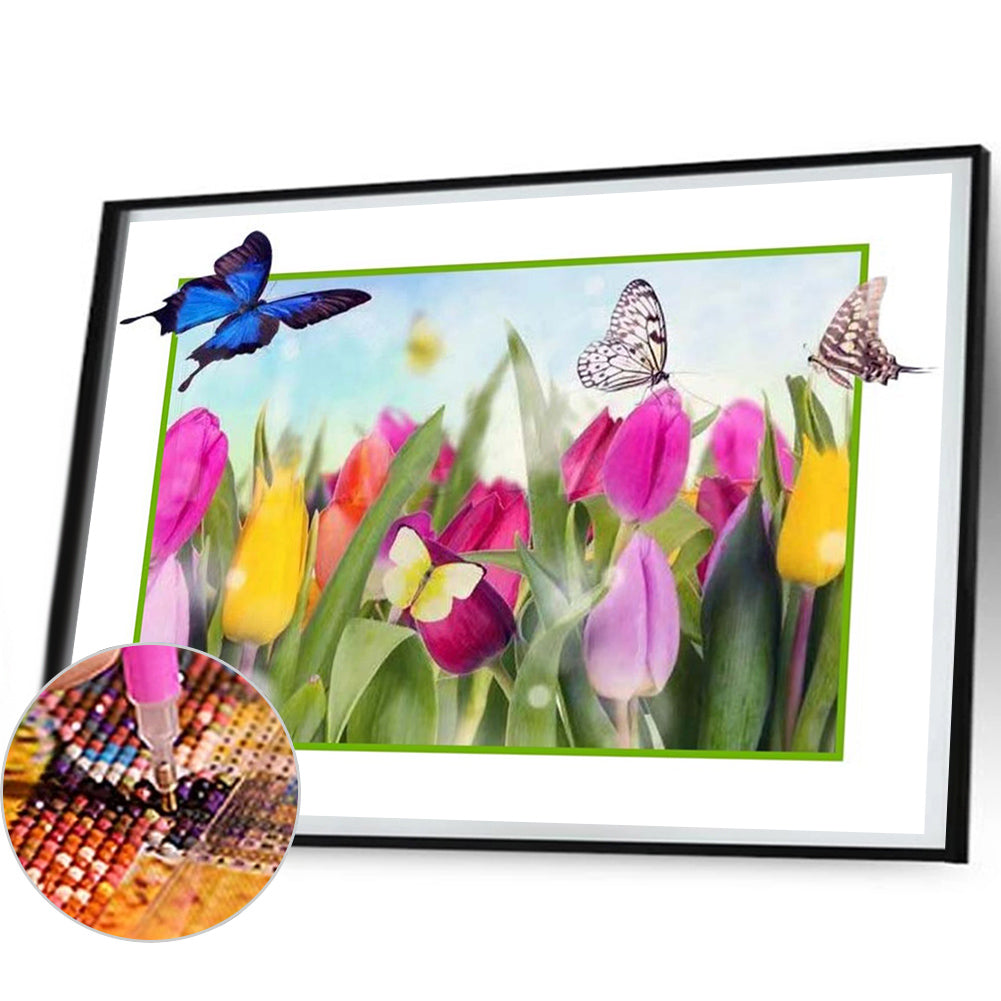 Butterfly In The Flowers - Full Round Drill Diamond Painting 50*40CM