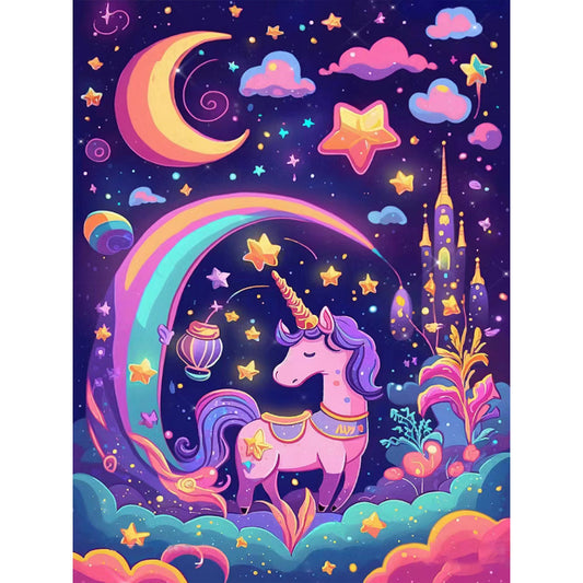 Unicorn Under The Castle At Night - Full Round Drill Diamond Painting 30*40CM