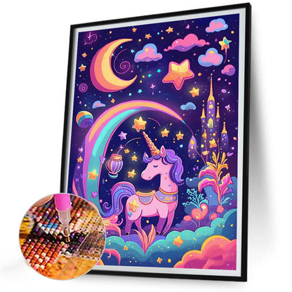 Unicorn Under The Castle At Night - Full Round Drill Diamond Painting 30*40CM