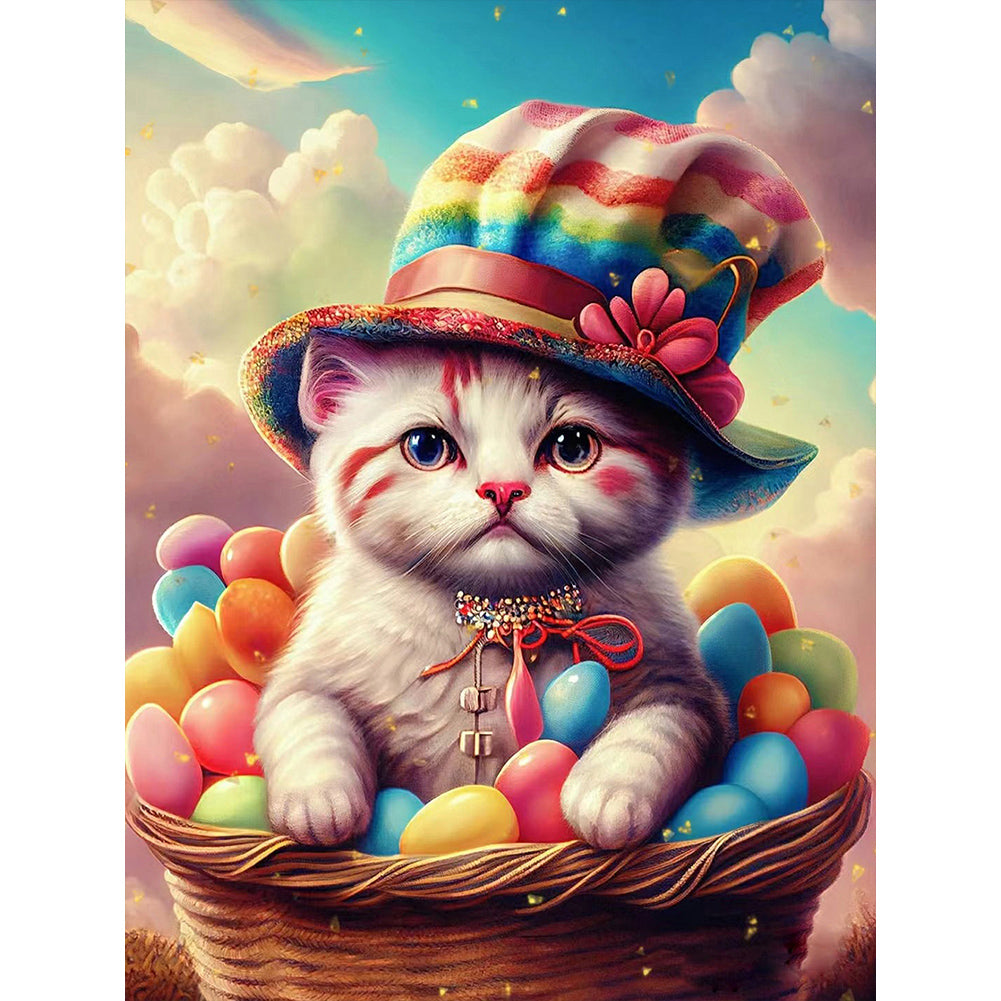 Cat In Colorful Candy Basket - Full Round Drill Diamond Painting 30*40CM