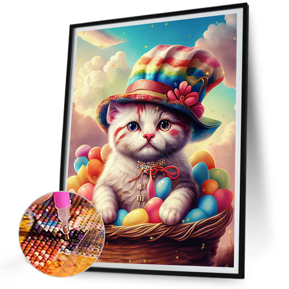 Cat In Colorful Candy Basket - Full Round Drill Diamond Painting 30*40CM