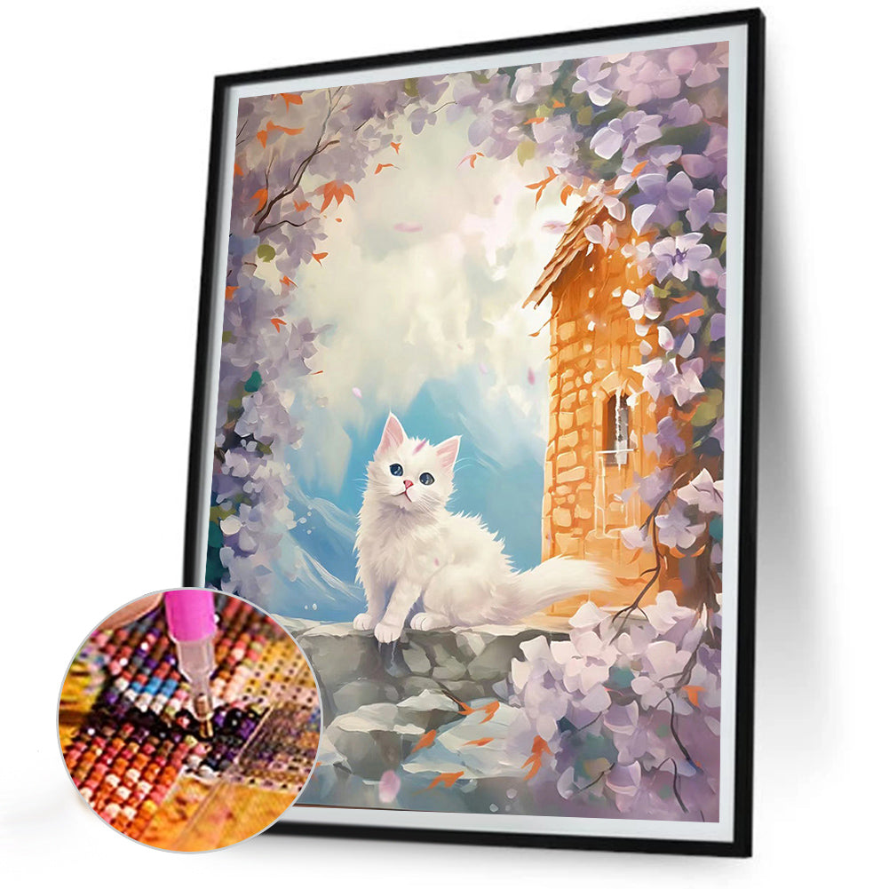 Cat Admiring Flowers - Full Round Drill Diamond Painting 30*40CM