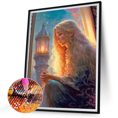 Girl With Long Hair Thinking Under The Lights - Full Round Drill Diamond Painting 30*40CM