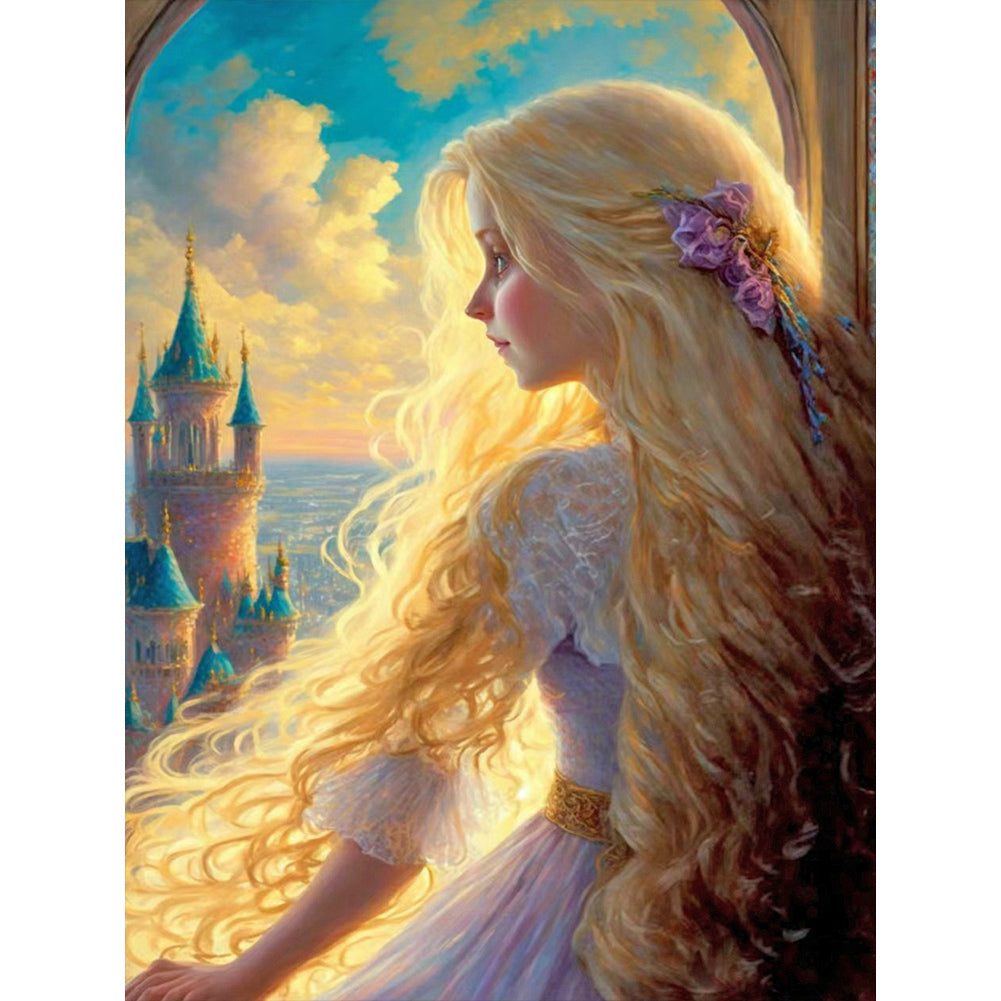 Girl With Long Hair Looking At The Scenery - Full Round Drill Diamond Painting 30*40CM