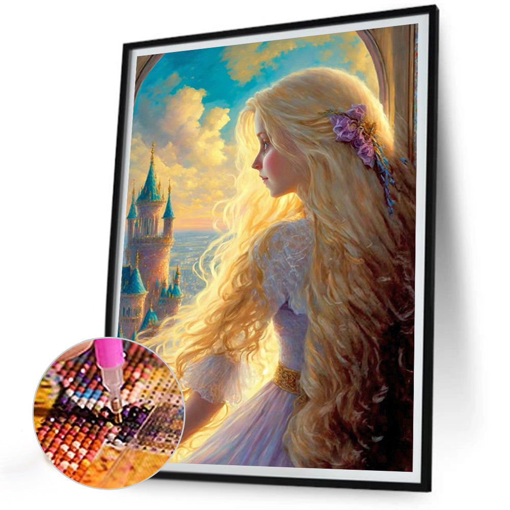 Girl With Long Hair Looking At The Scenery - Full Round Drill Diamond Painting 30*40CM