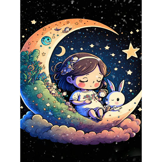 Moon Girl And Little White Rabbit - Full Round Drill Diamond Painting 30*40CM