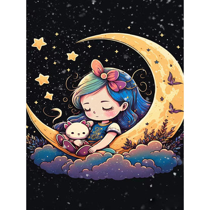 Moon Girl And Cat - Full Round Drill Diamond Painting 30*40CM