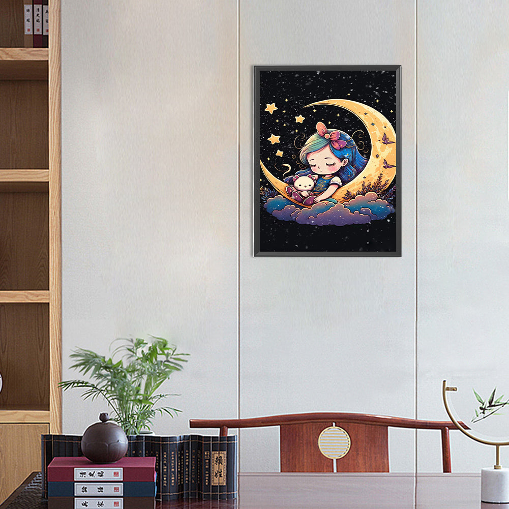 Moon Girl And Cat - Full Round Drill Diamond Painting 30*40CM