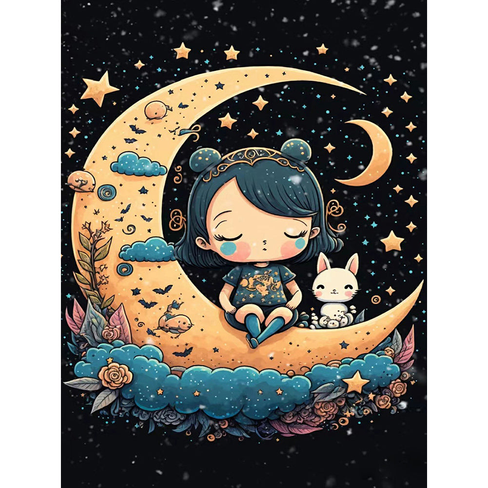 Moon Girl And Cat And Rabbit - Full Round Drill Diamond Painting 30*40CM