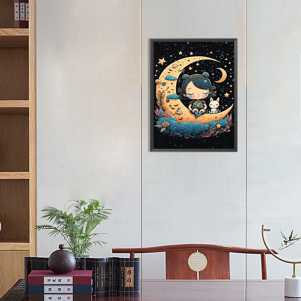 Moon Girl And Cat And Rabbit - Full Round Drill Diamond Painting 30*40CM