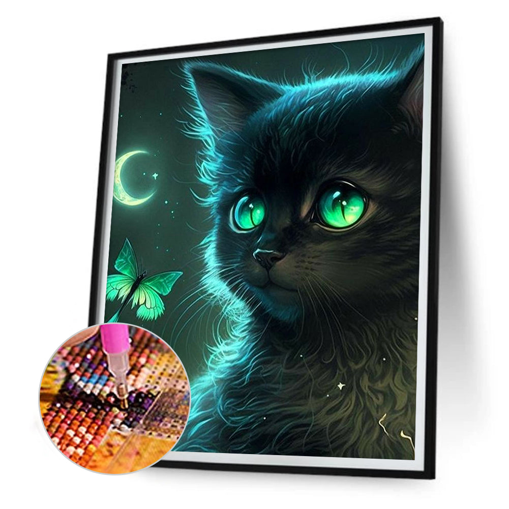 Green Eyed Black Cat - Full Round Drill Diamond Painting 30*40CM