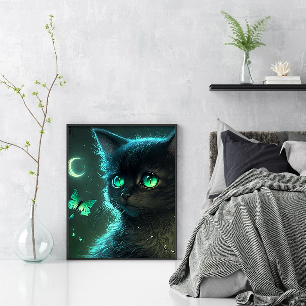 Green Eyed Black Cat - Full Round Drill Diamond Painting 30*40CM