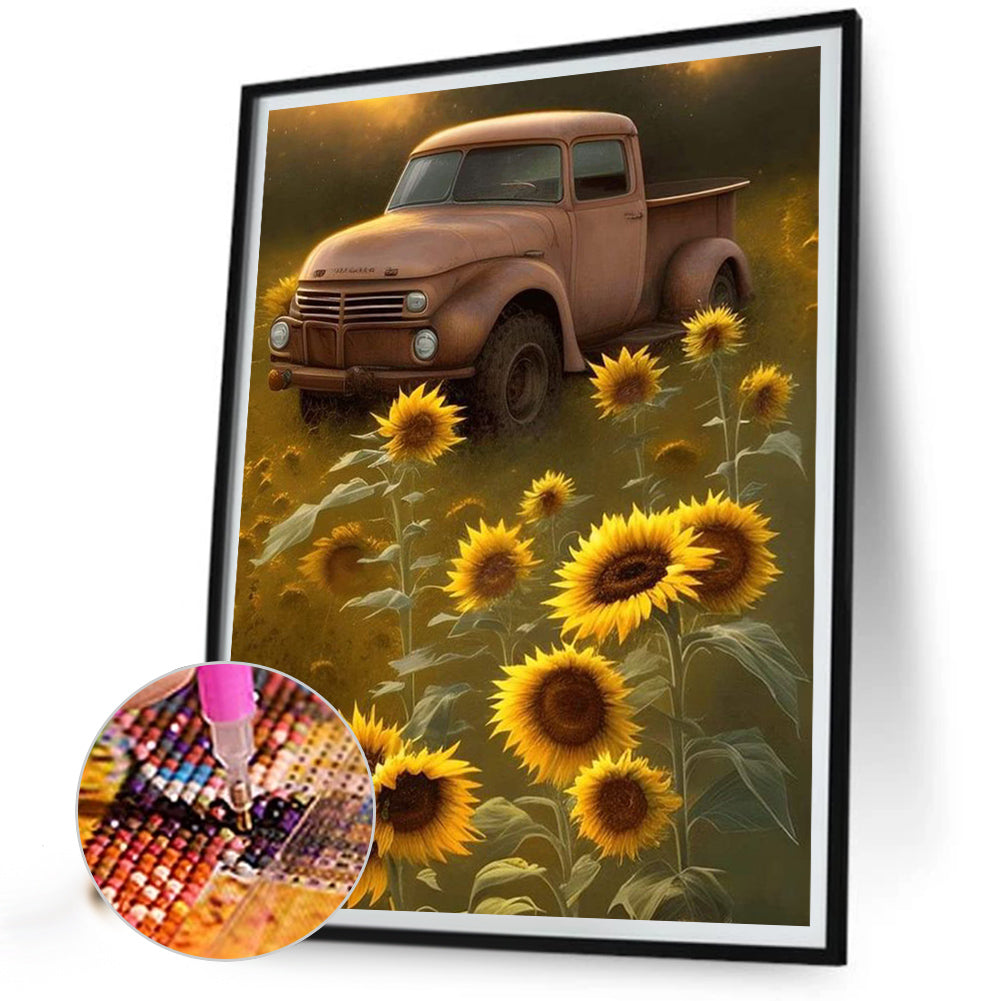 Car In Sunflower - Full Square Drill Diamond Painting 30*40CM