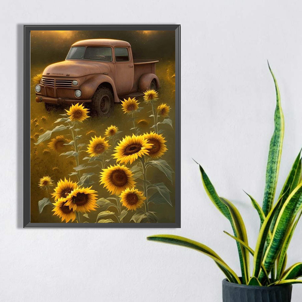 Car In Sunflower - Full Square Drill Diamond Painting 30*40CM