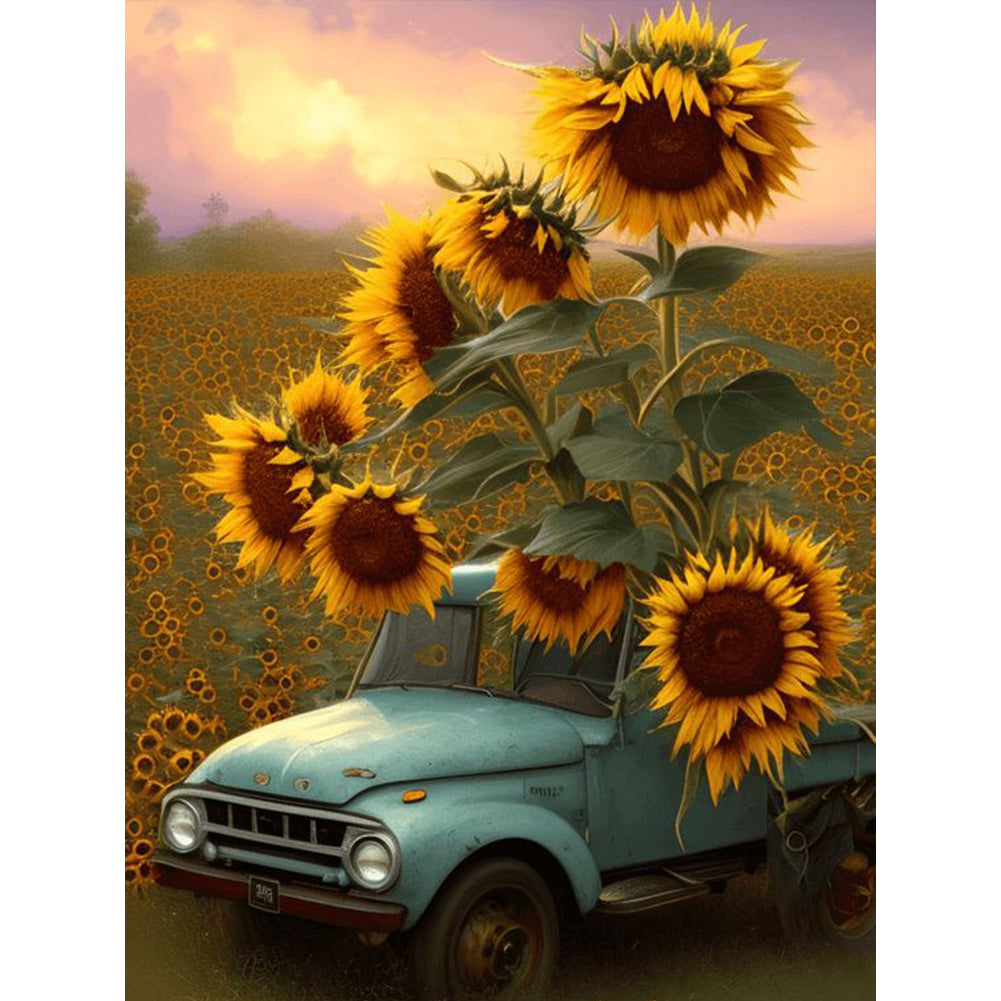 Car In Sunflower - Full Square Drill Diamond Painting 30*40CM