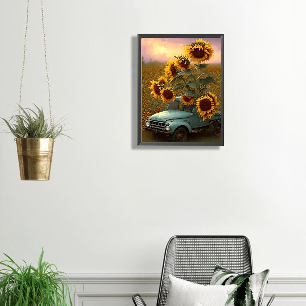 Car In Sunflower - Full Square Drill Diamond Painting 30*40CM