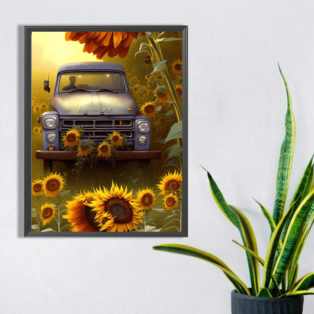 Car In Sunflower - Full Square Drill Diamond Painting 30*40CM