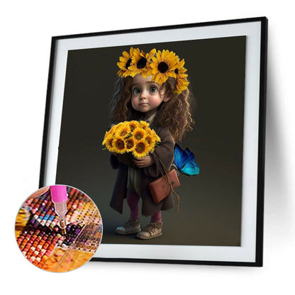 Little Girl With Flowers - Full Round Drill Diamond Painting 30*30CM