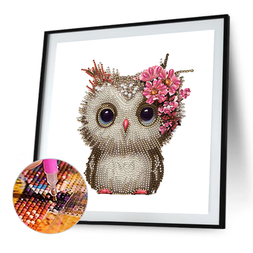Owl With Flowers - Special Shaped Drill Diamond Painting 30*30CM