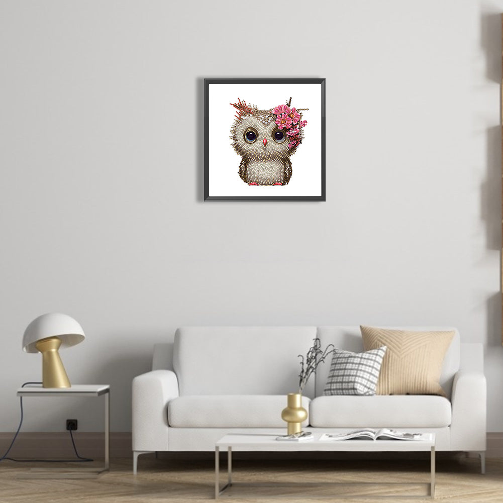 Owl With Flowers - Special Shaped Drill Diamond Painting 30*30CM