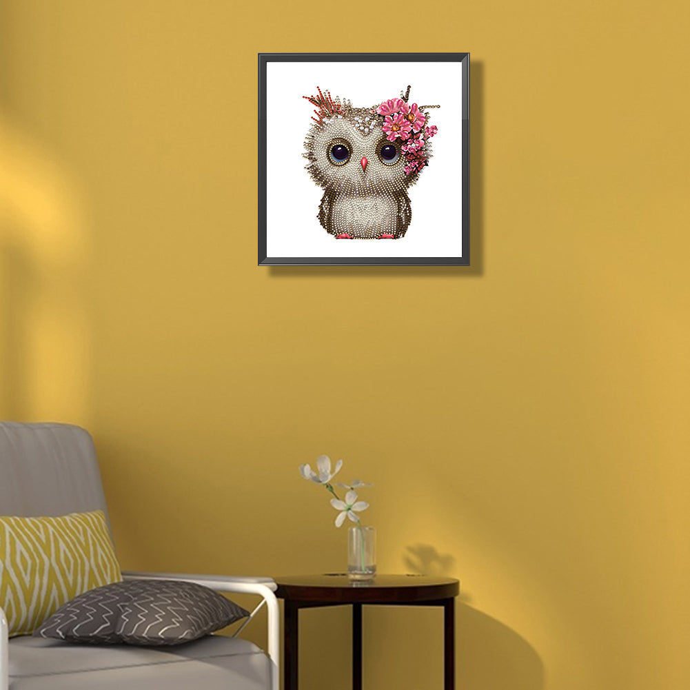 Owl With Flowers - Special Shaped Drill Diamond Painting 30*30CM