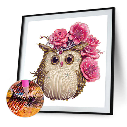 Owl With Flowers - Special Shaped Drill Diamond Painting 30*30CM