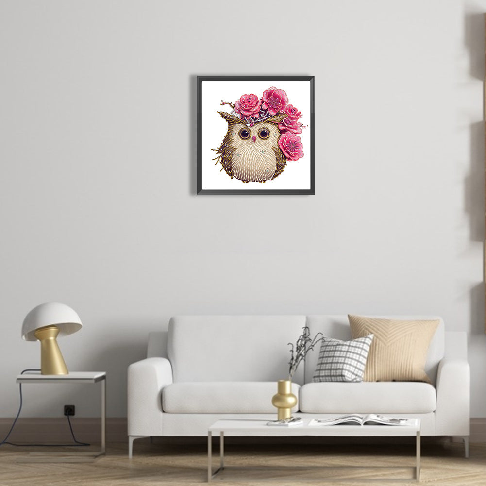 Owl With Flowers - Special Shaped Drill Diamond Painting 30*30CM